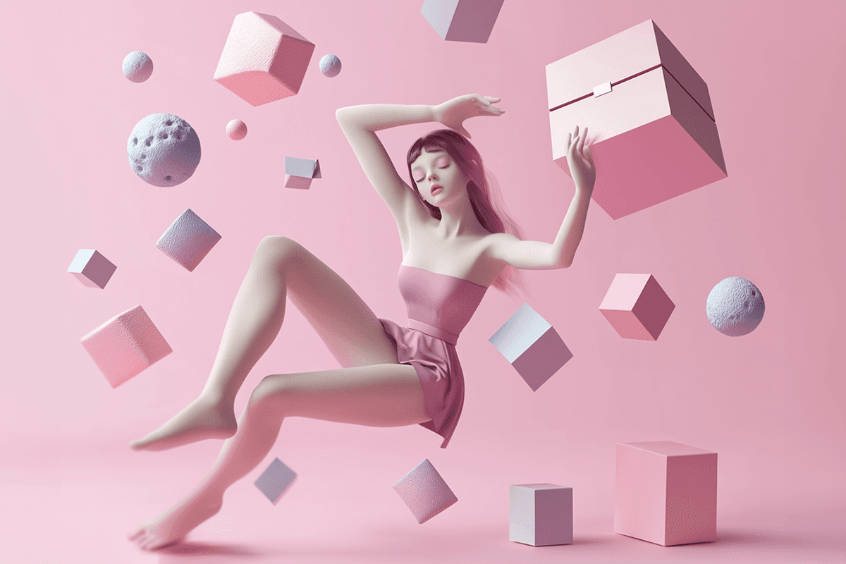 The image portrays a serene, dreamlike scene of a woman in a pink strapless dress floating amidst suspended geometric shapes, all set against a soft pink monochromatic background.