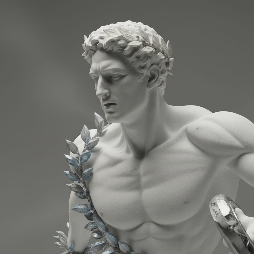 Left-side profile of a white marble sculpture featuring a silver laurel wreath and a silver-wrapped torso.