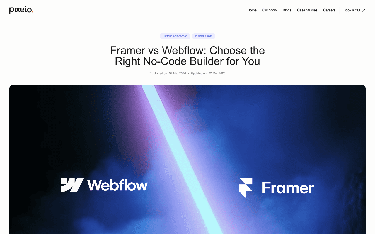 Pixeto Framer vs Webflow екранна снимка