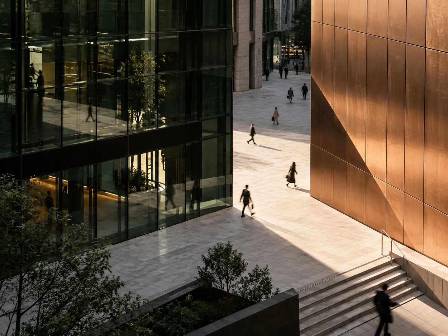 Modern financial district with copper architecture, green glass and people crossing a sunlit plaza. Illustrative image.
