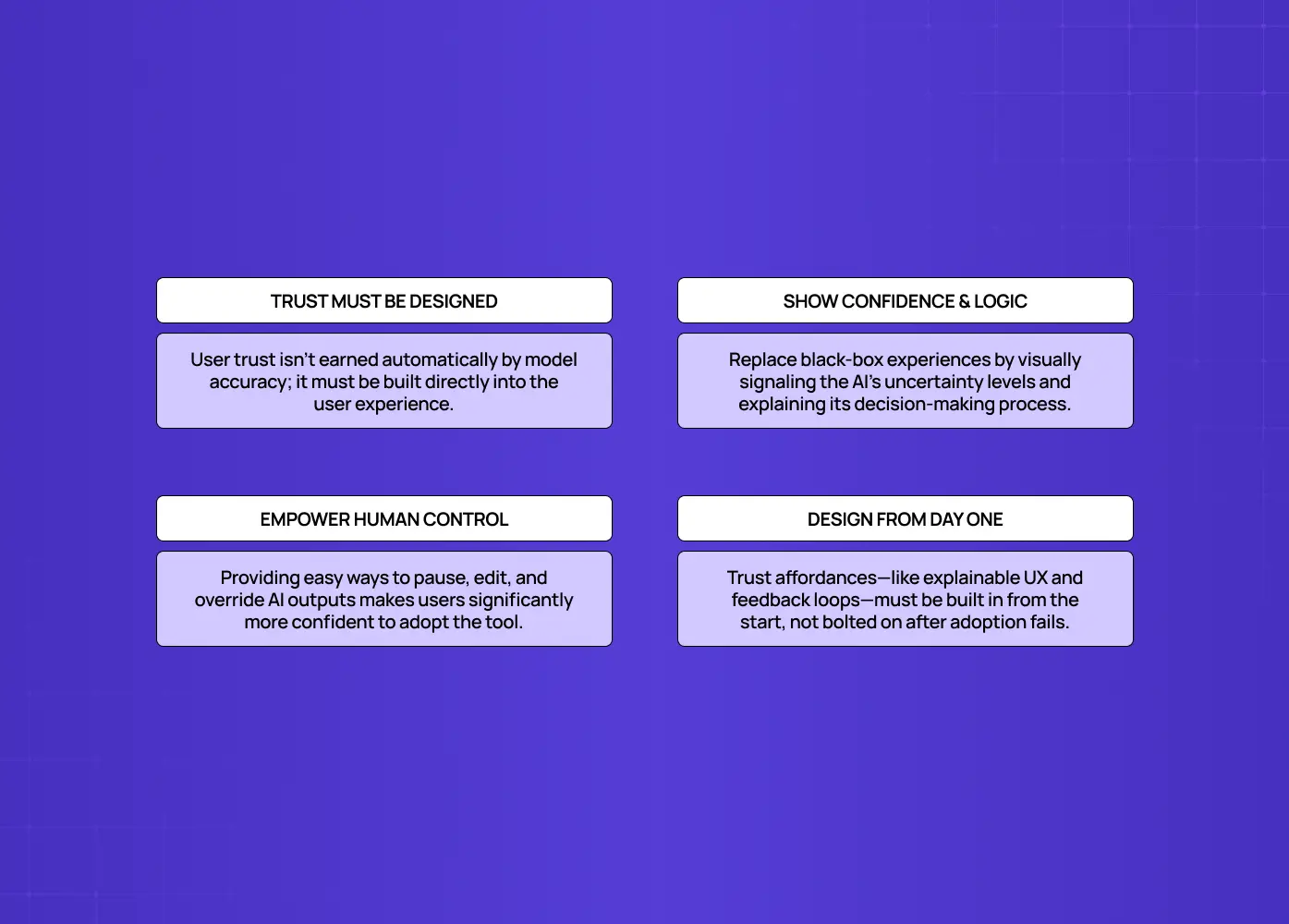 Four principles for designing trustworthy AI experiences: build trust intentionally, explain uncertainty, empower human control, and incorporate trust mechanisms from day one. 