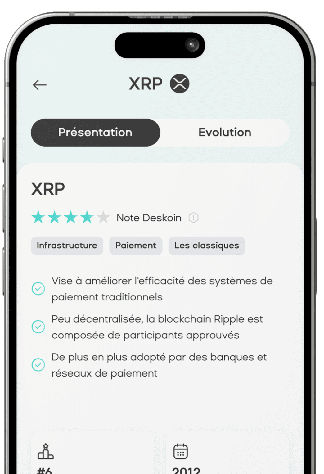 Application Deskoin sur un smartphone avec la page XRP