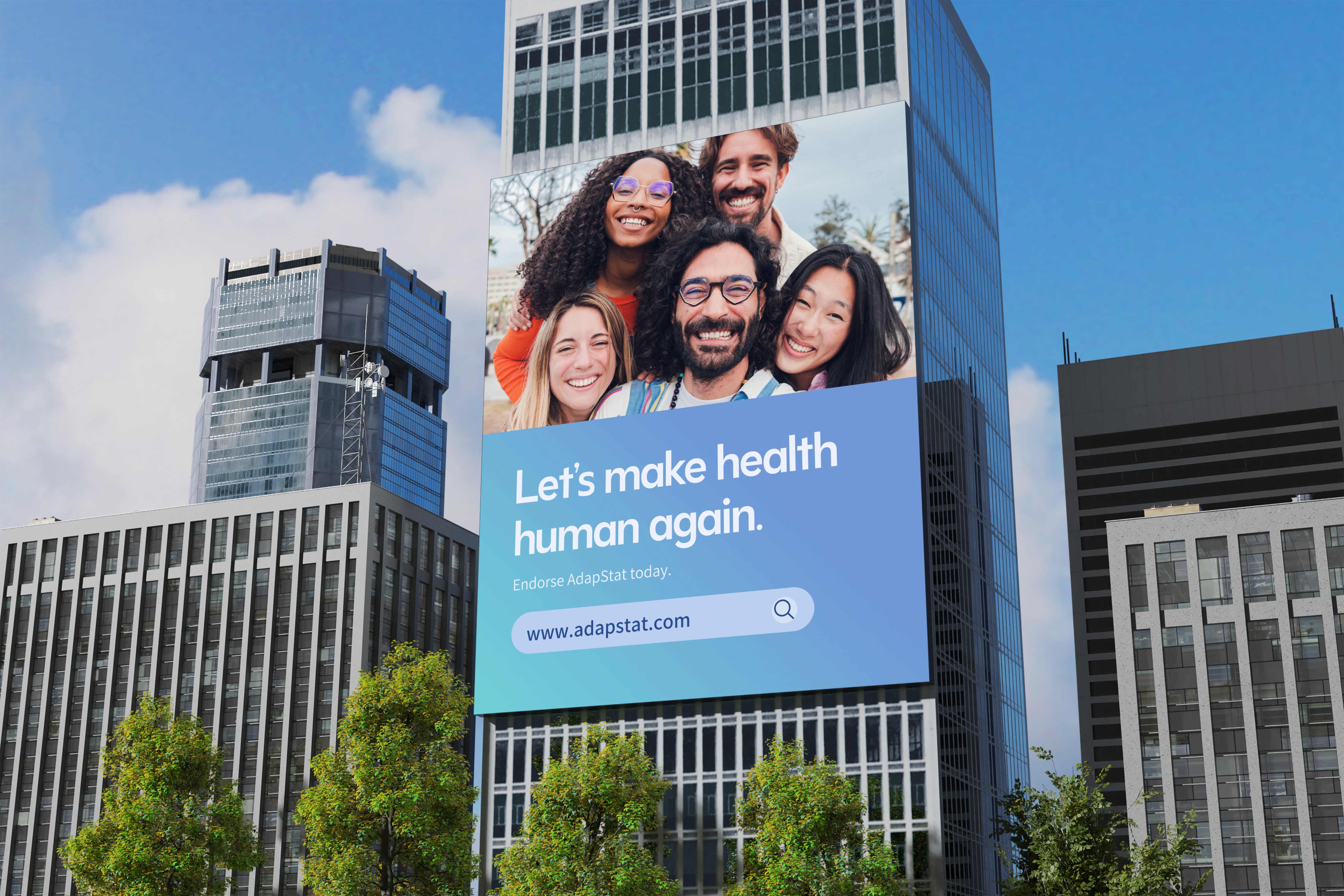 Outdoor billboard mockup showcasing AdapStat brand messaging in a public space