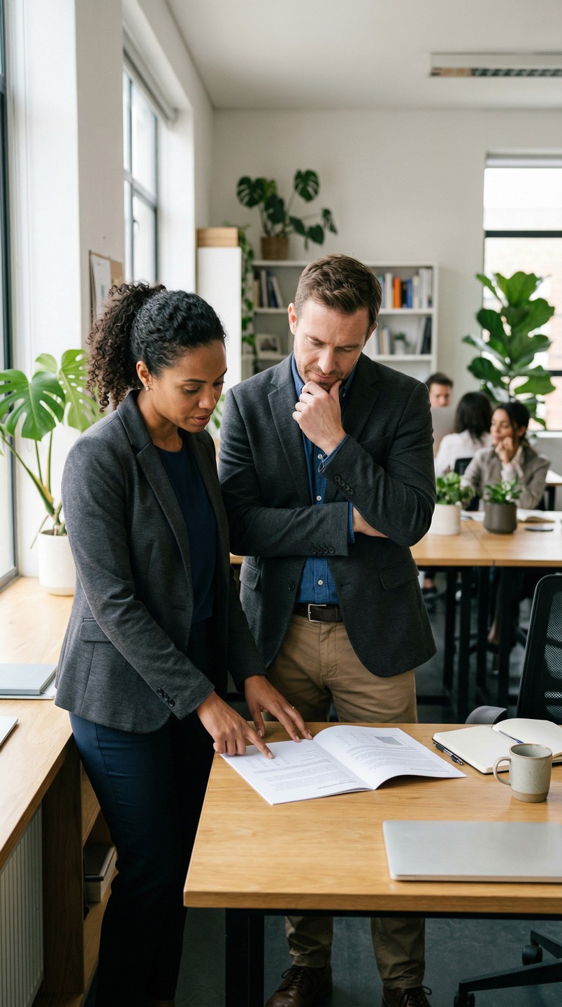 Real estate professional examining commercial property documents