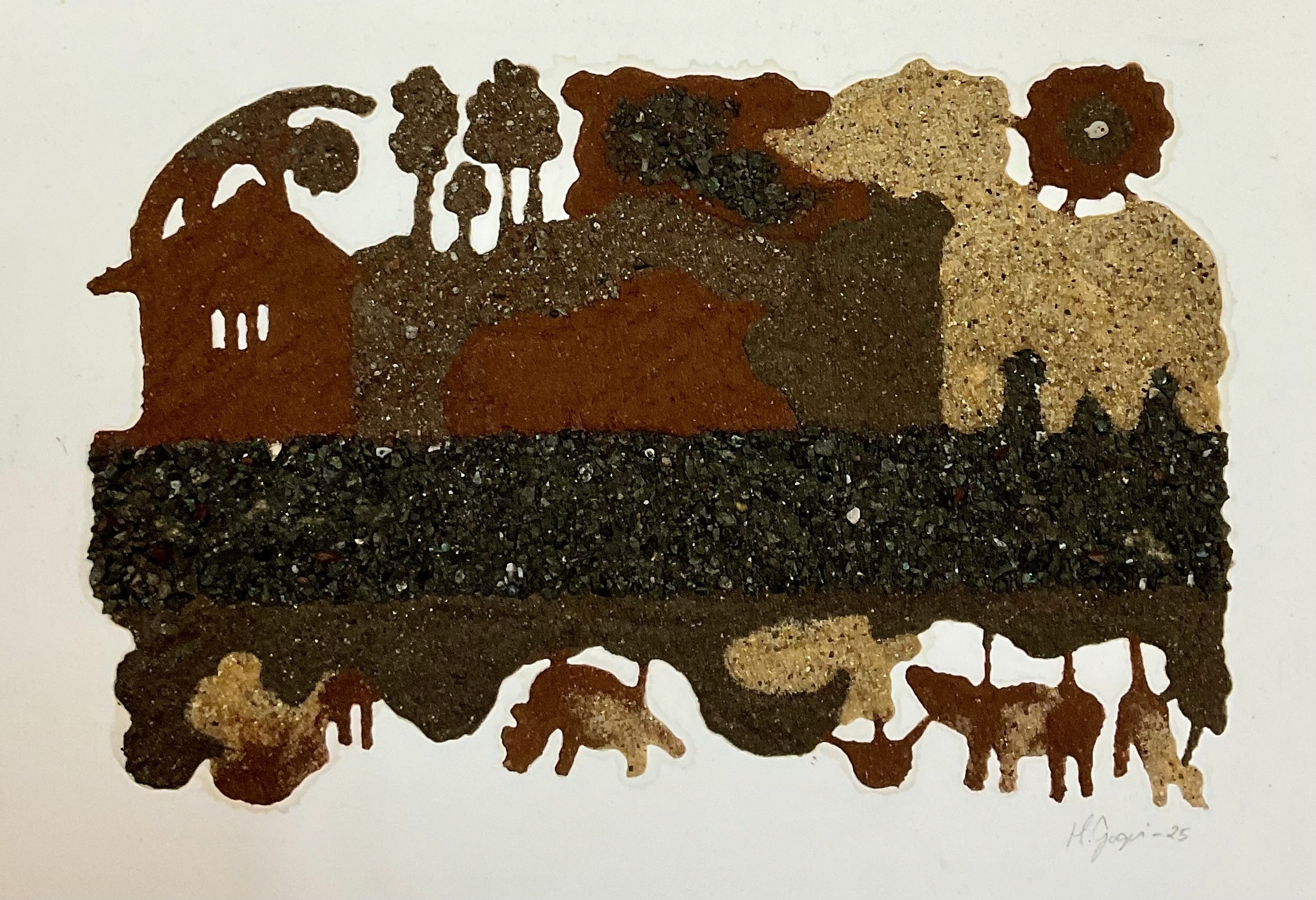 herd of sheep on road painting