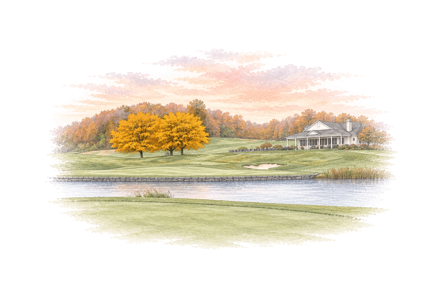 A delicate watercolor golf course, with a white veranda clubhouse, two golden autumn trees, and a green across a pond beneath a pastel sky.