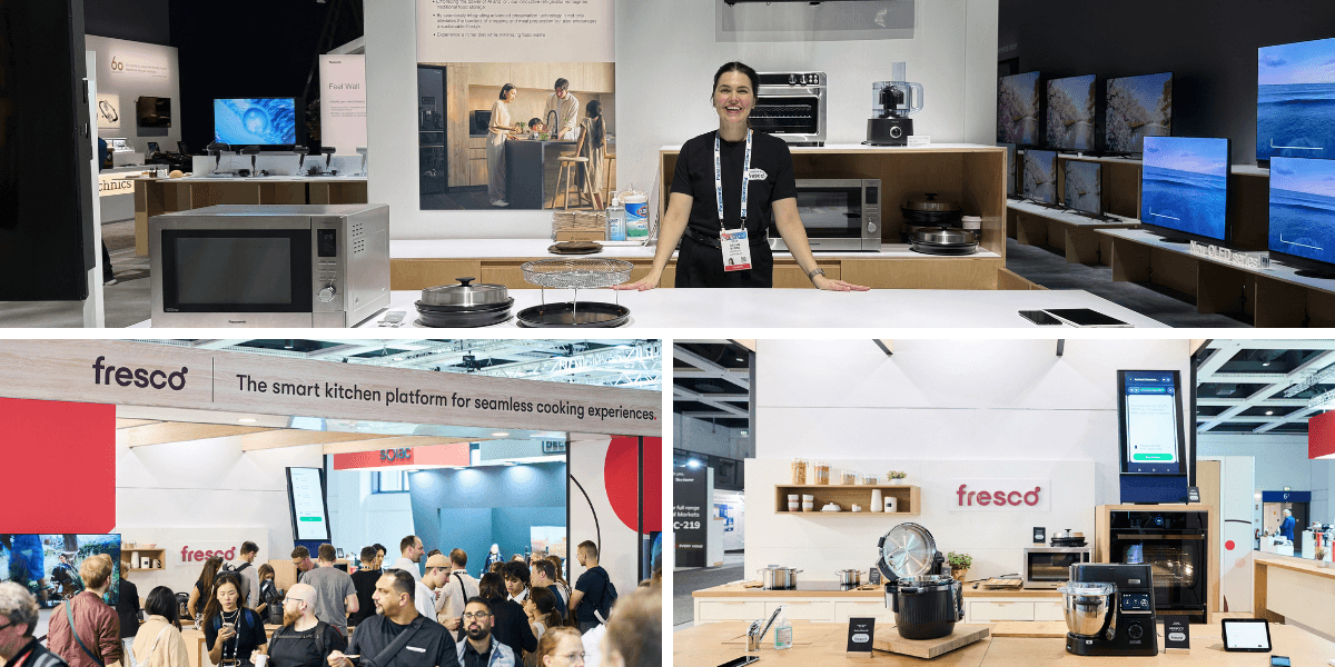 Collage shows a Fresco employee presenting at a trade show booth alongside crowds at a "Fresco" stand and connected kitchen displays