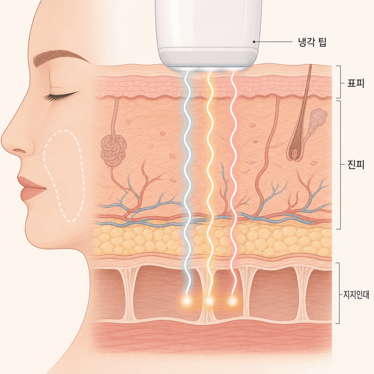 세 파장의 레이저 에너지가 진피와 지지인대까지 닿는 단면