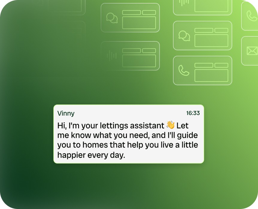 Interface showing three communication icons — voice, phone, and chat — above a message bubble from ‘Vinny’ saying, ‘Hi, I’m your lettings assistant…’ with a waving emoji. Below the message is a black button labeled ‘Adjusting Tone,’ all on a green and purple gradient background.