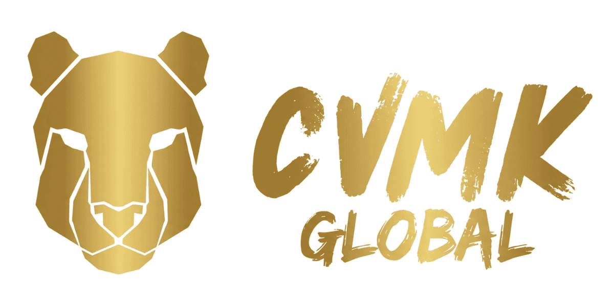 CVMK Global logo featuring a golden lion face and bold 'CVMK GLOBAL' text, symbolizing fitness, integrity, and performance.