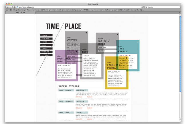 A screenshot of a web page displays a navigation bar at the top, including tabs like "SHARE," "EXPLORE," "ORDER," "NEWS," "CONTACT," "SITE NAP," and "LOG IN / SHARE." The main content area is titled "TIME PLACE" and features four colored blocks: purple, gray, teal, and yellow, each containing text and dates. Below these blocks, a section titled "RECENT STORIES" lists stories with dates and brief summaries, such as "1994 - BOBBIA," "1974 - ARGENTINA," "1994 - IRAN," and "1992 - 1995 - BOSNIA." A Google search bar is visible at the top right.
