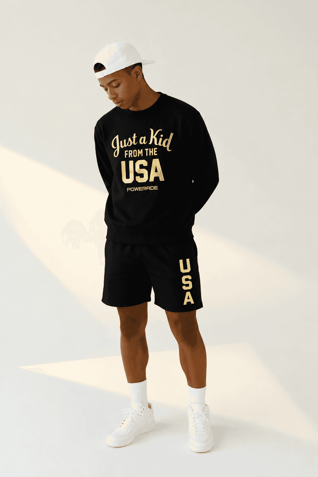 Full-length campaign apparel look