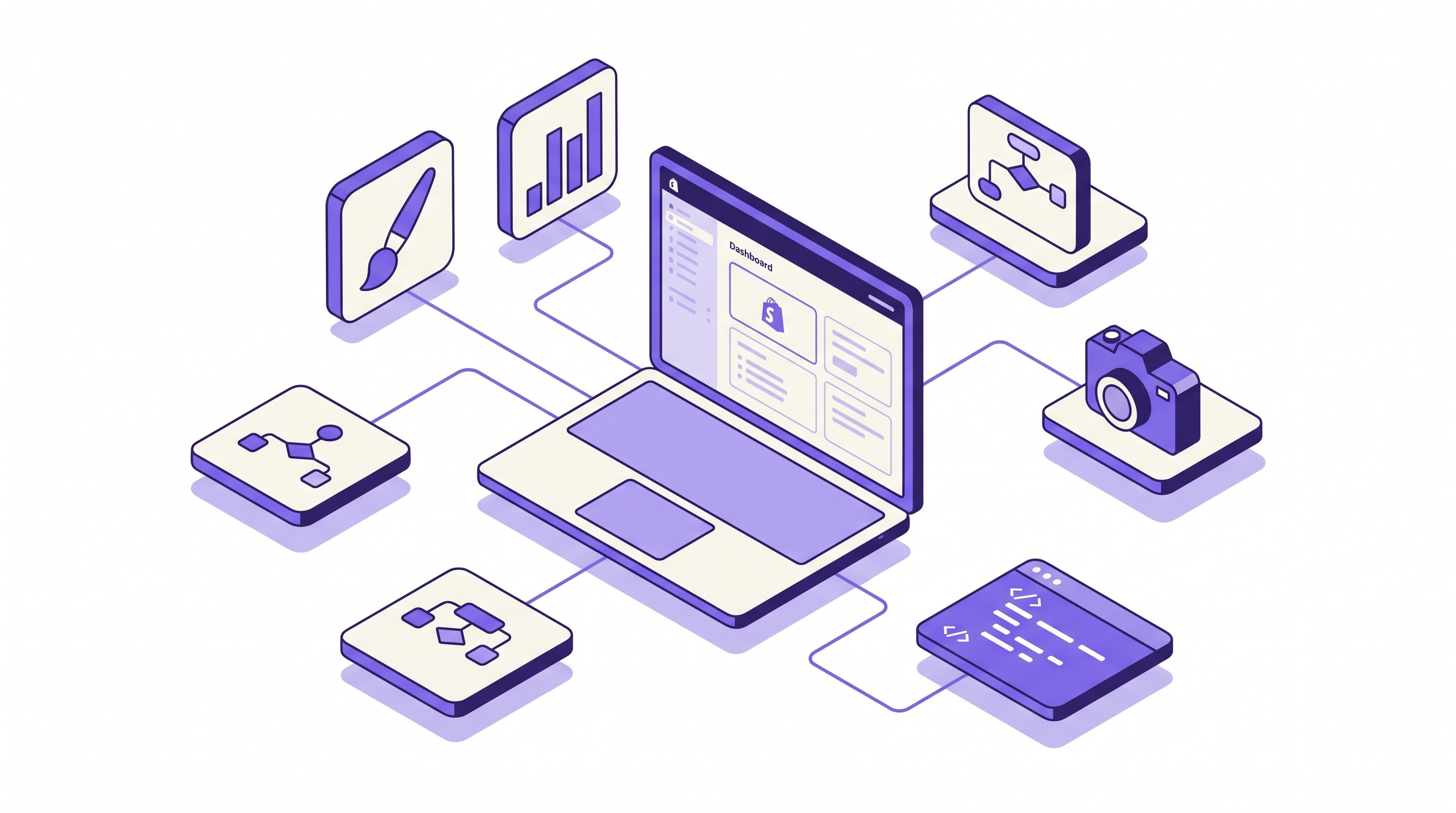 Isometric illustration of a Shopify admin dashboard at the center with AI-driven tool icons — theme paintbrush, analytics chart, workflow diagram, photo camera, code block — orbiting around it, rendered in purple and cream