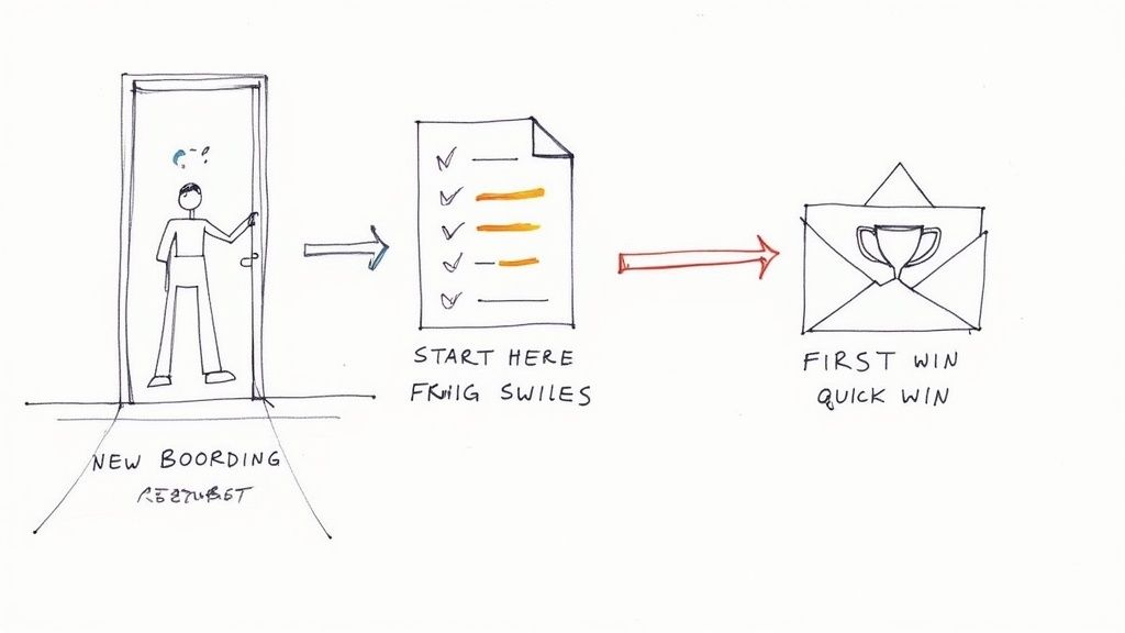 An illustration depicting an onboarding journey: a new person, a checklist of quick wins, and a trophy for first success.