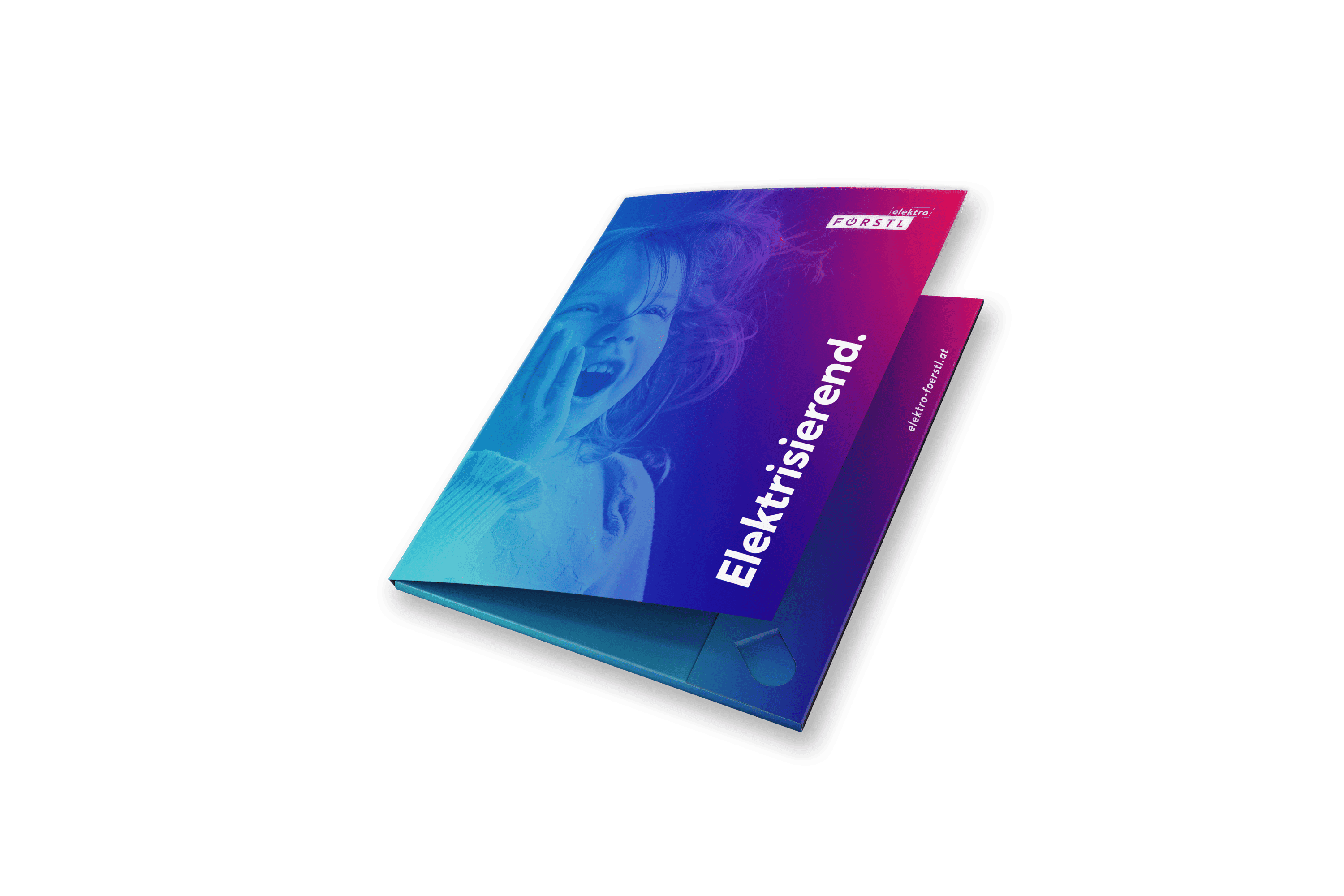 Kundenmappe mit emotionaler Bildsprache und dem Wort Elektrisierend auf dem Cover. Entwicklung einer aufmerksamkeitsstarken Präsentationsmappe zur konsistenten Markenkommunikation im analogen Raum