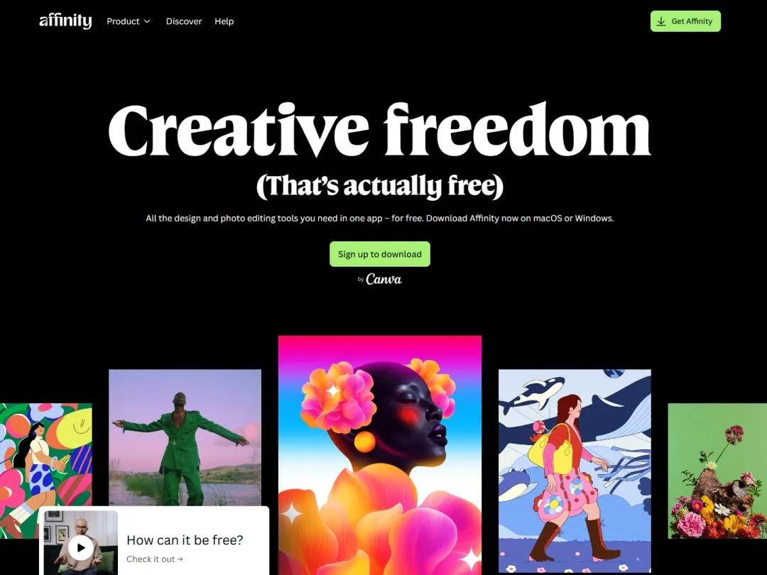 Affinity website hero section with a button, Canva logo, and some images