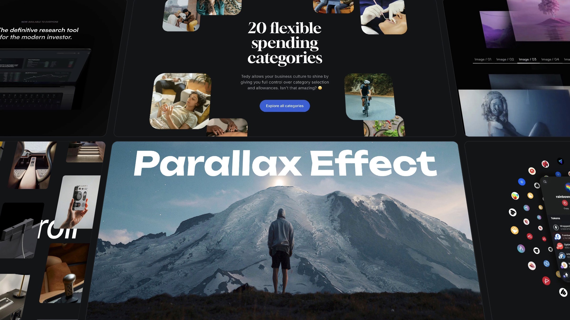 Dynamic parallax effect showcasing scroll animations with flexible categories and a mountain scene