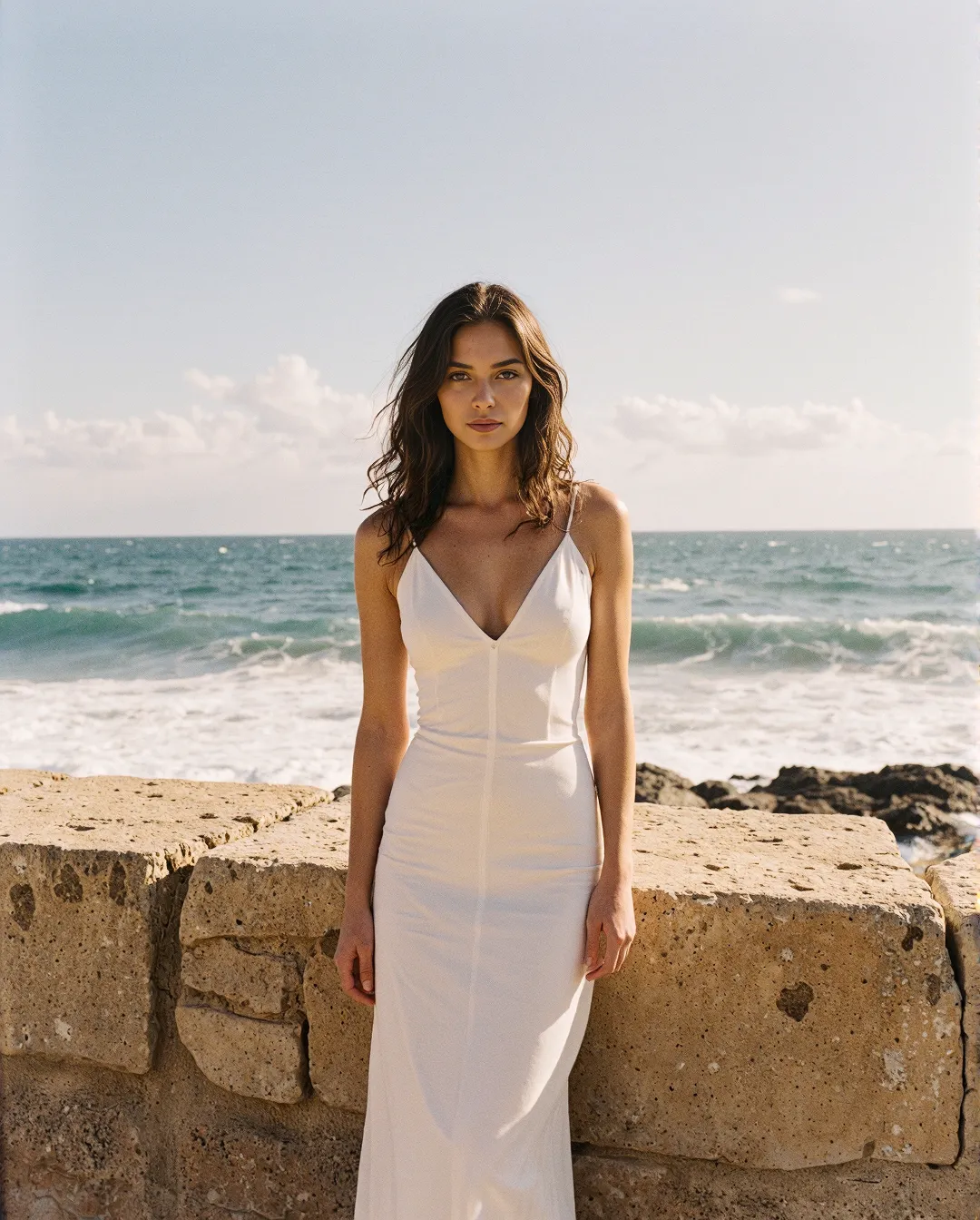 Elegant white dress against seaside backdrop with turquoise water and sandy stone wall, showcasing minimalist summer fashion photography