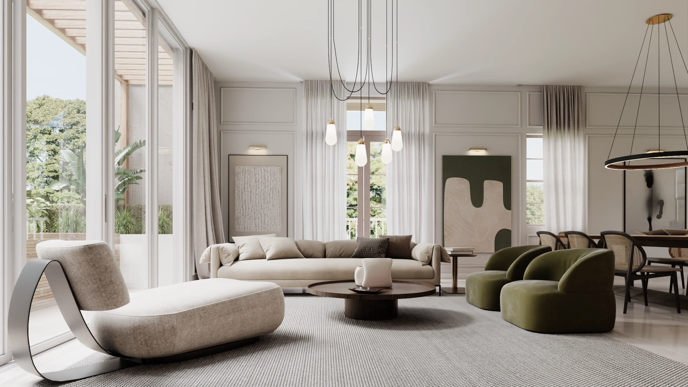 A very modern and luxurious living room, clean white and green pallette with high end furniture