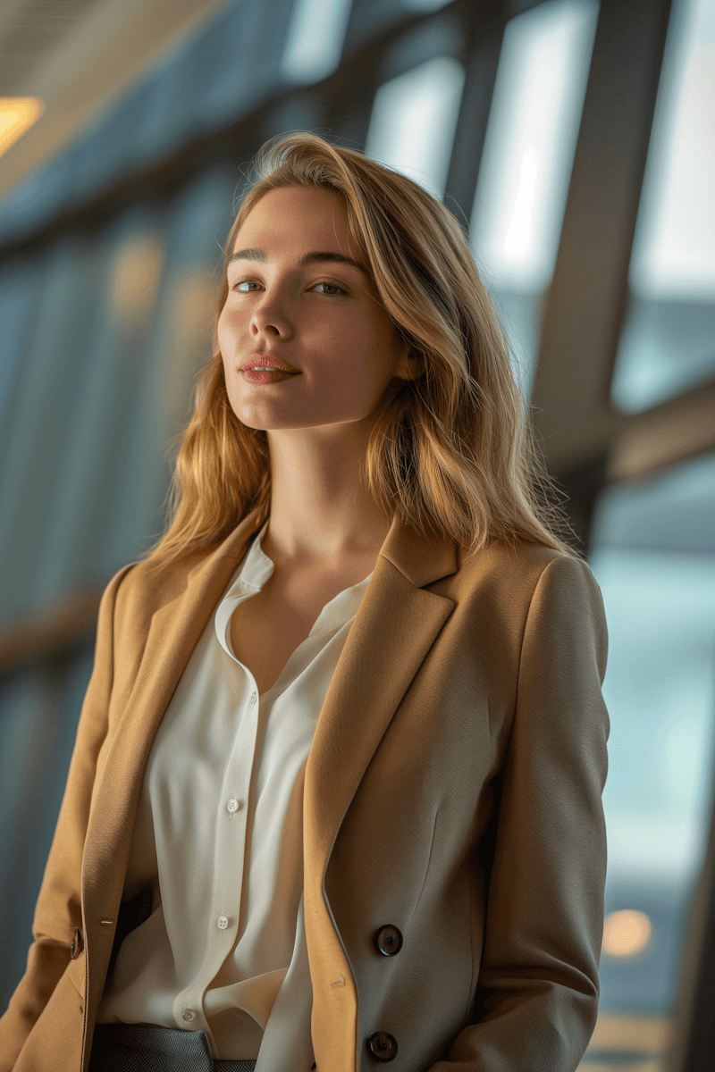 Confident businessman in gray suit portrait in modern office hallway