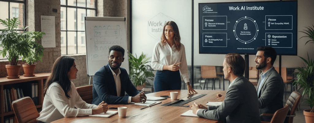 In a modern conference room, five professionally dressed individuals are engaged in a business presentation, focusing on a large screen displaying "Work AI Institute," with concepts related to AI and workplace innovation.