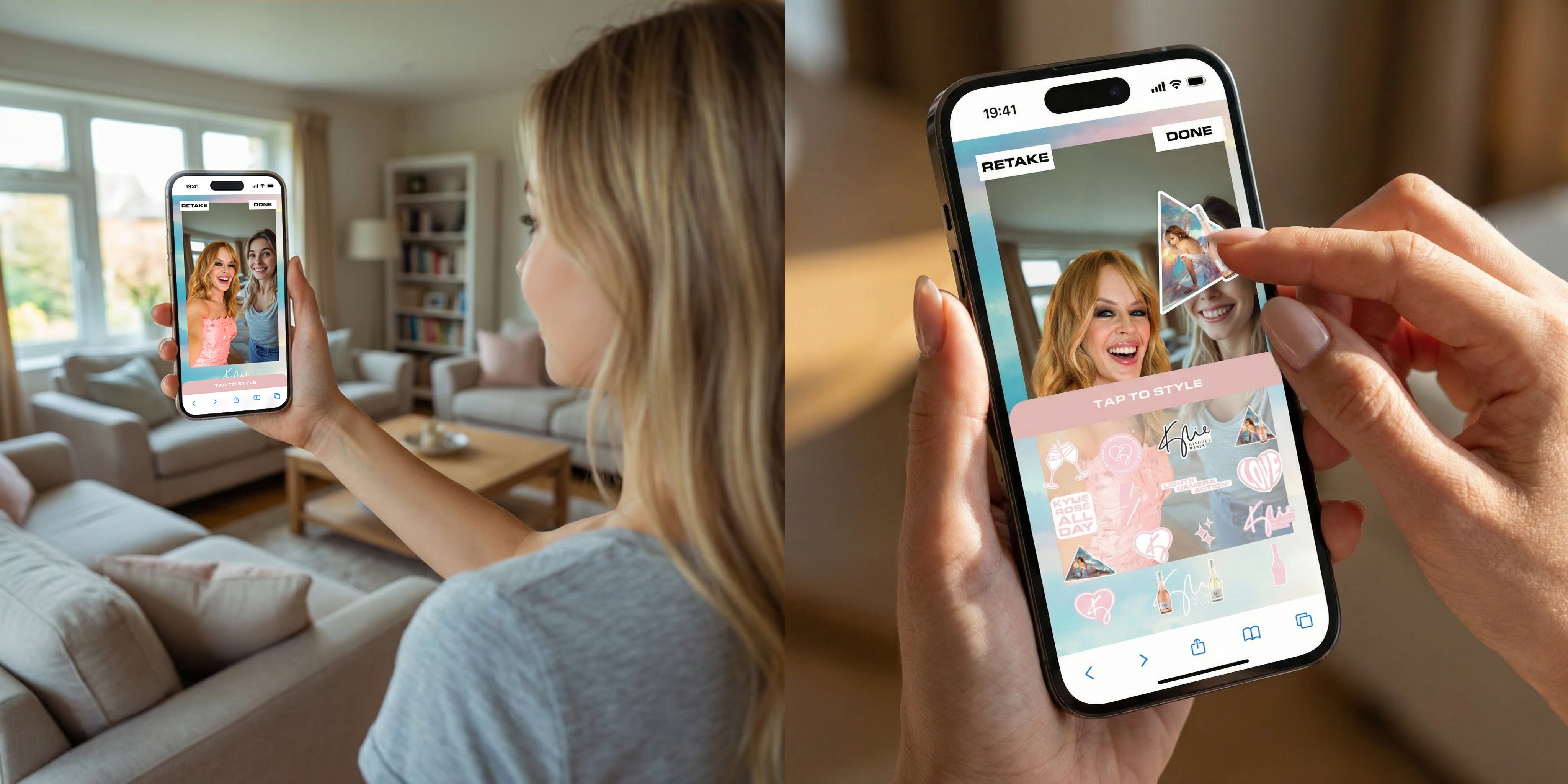 Kylie Wines WebAR selfie experience — pose with Kylie, add branded stickers and share instantly across social.