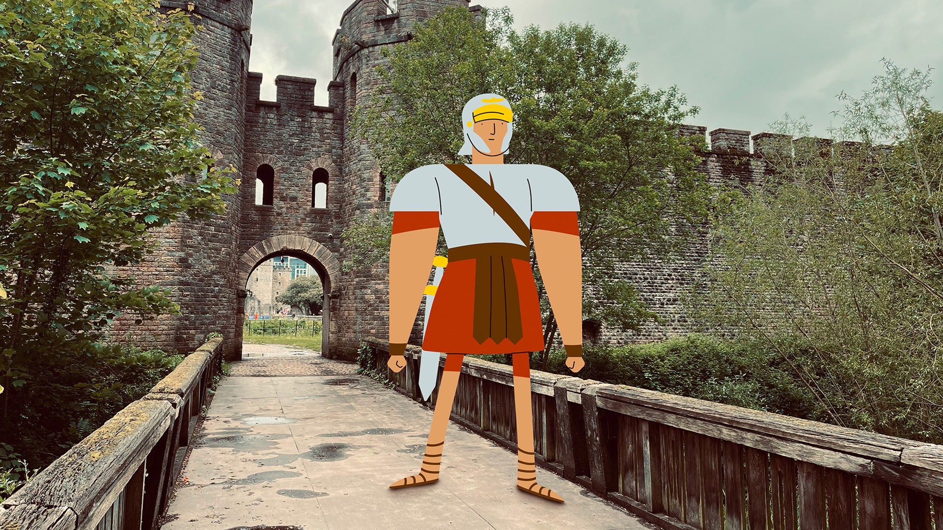 The Roman character illustration standing on a photo of the bridge leading to the castle