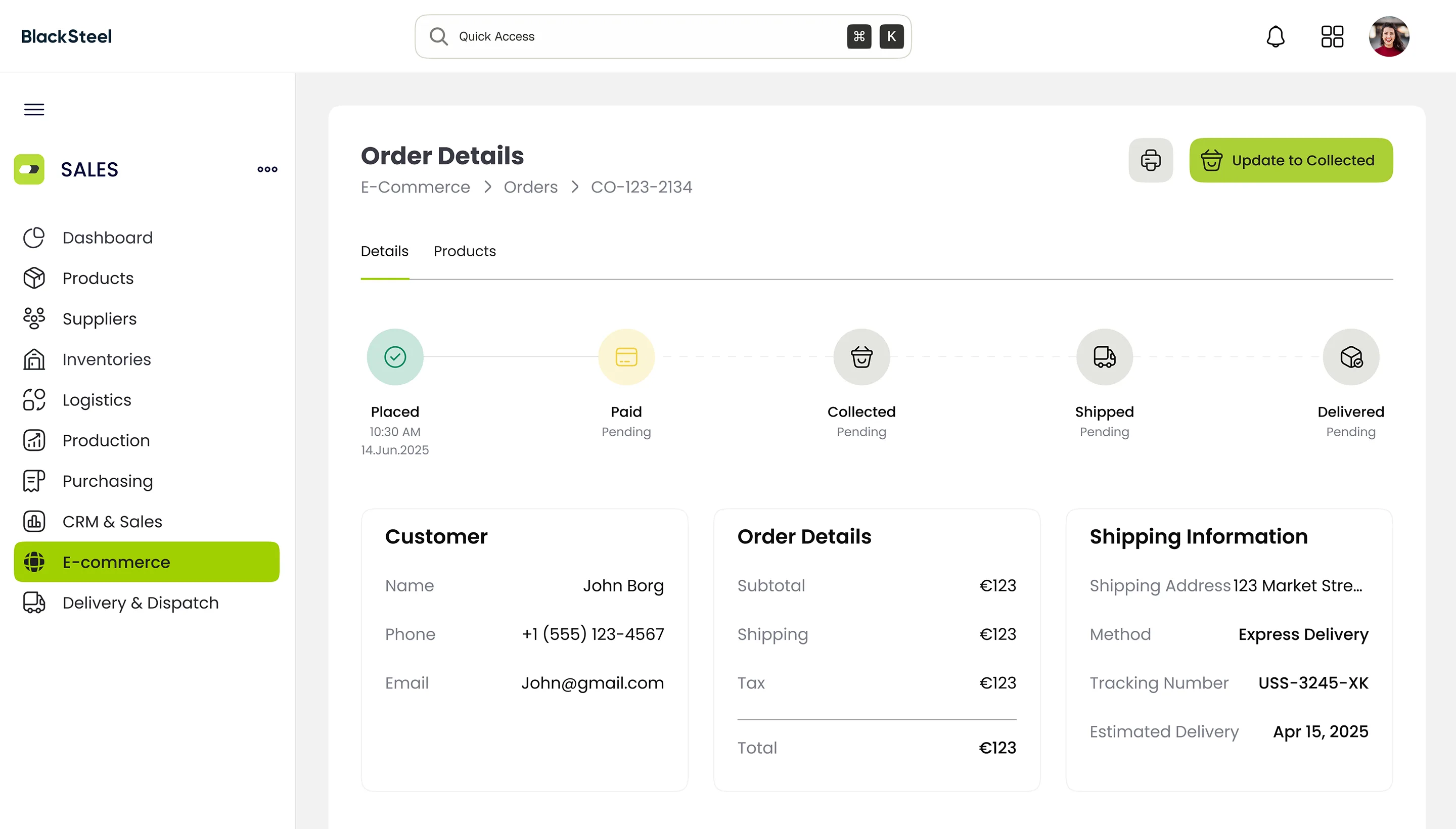OneAvant E-commerce order details dashboard showing order progress from placed to delivered. The interface includes customer contact info, order summary, shipping address, tracking number, and estimated delivery date, with an “Update to Collected” button for status management.