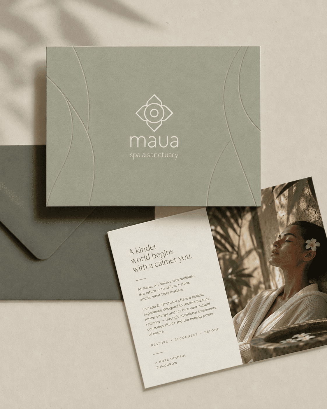 Maua identity applied to a serene Zanzibar wellness touchpoint
