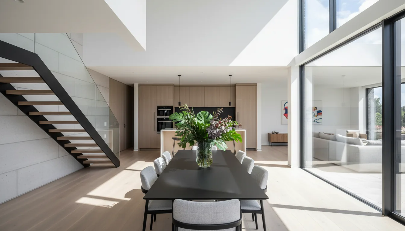 DSLR photograph of a high-end architectural interior, showcasing a modern open-plan dining room. The scene is illuminated by bright, natural daylight from a large glass wall on the right, casting sharp shadows across light wood plank floors. In the foreground, a long matte black dining table is surrounded by modern, light grey upholstered chairs with a textured fabric. On the table sits a large glass vase with a lush arrangement of green and dark red foliage. To the left, a minimalist staircase with a black steel stringer, wood treads, and a glass balustrade climbs against a feature wall of large, rectangular, light grey concrete panels. The view extends through the open space into a modern kitchen with light oak cabinetry and a living room beyond. Sharp focus, clean lines, neutral color palette.