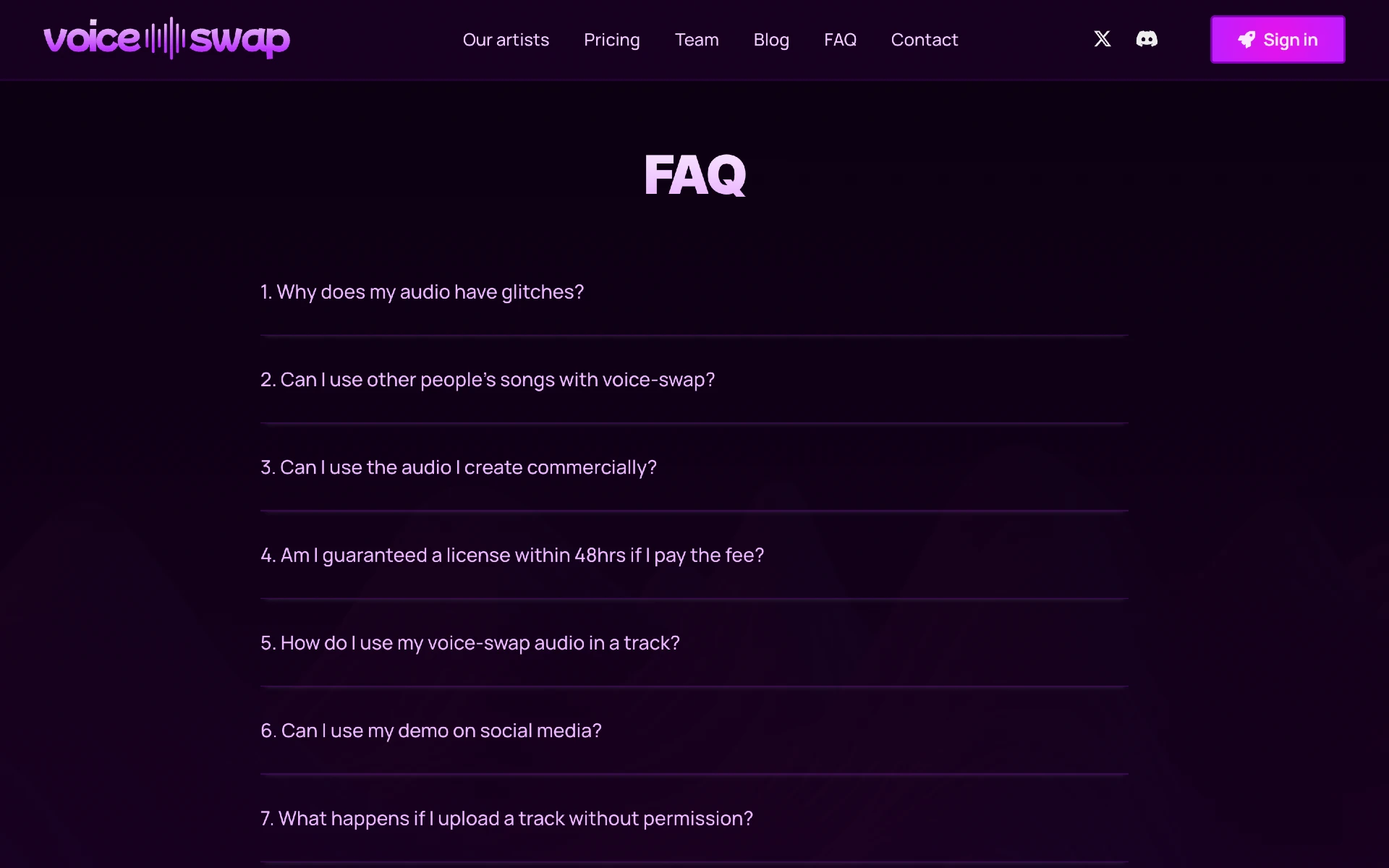 An FAQ component on a landing page