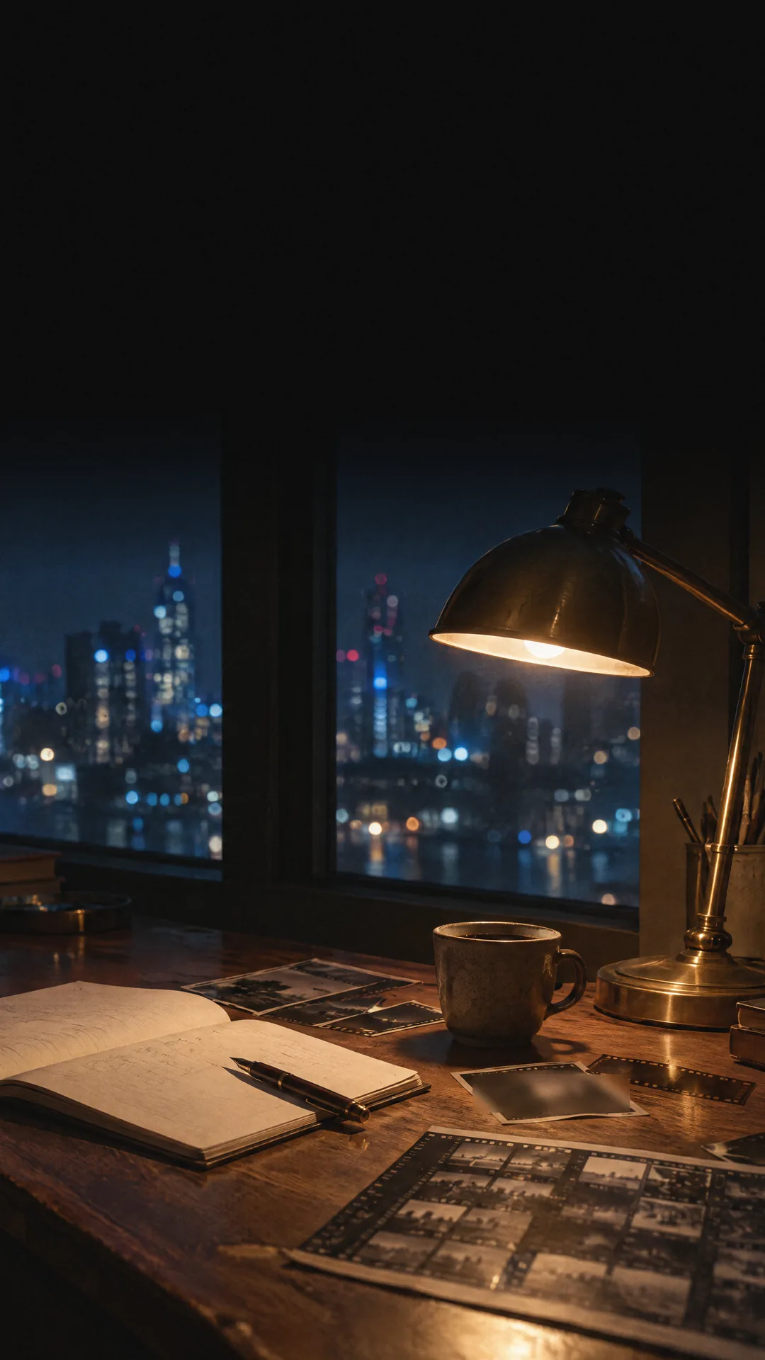 A wooden desk by a window at night: a warm lamp lights an open notebook with a pen, printed photos and a contact sheet, with the blue city glowing outside.