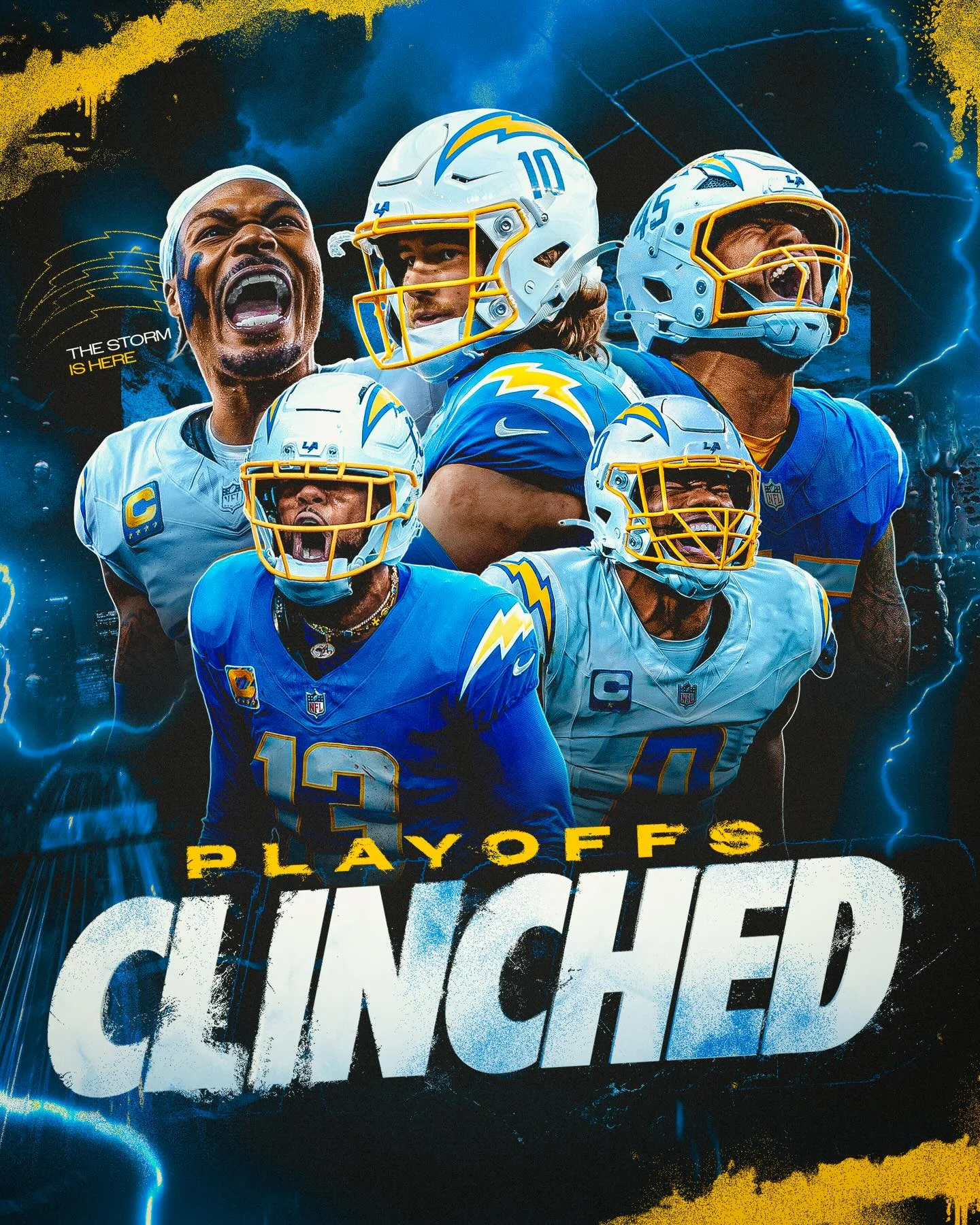 Los Angeles Chargers players featured in a playoff promotional graphic with bold lightning effects and team colors.
