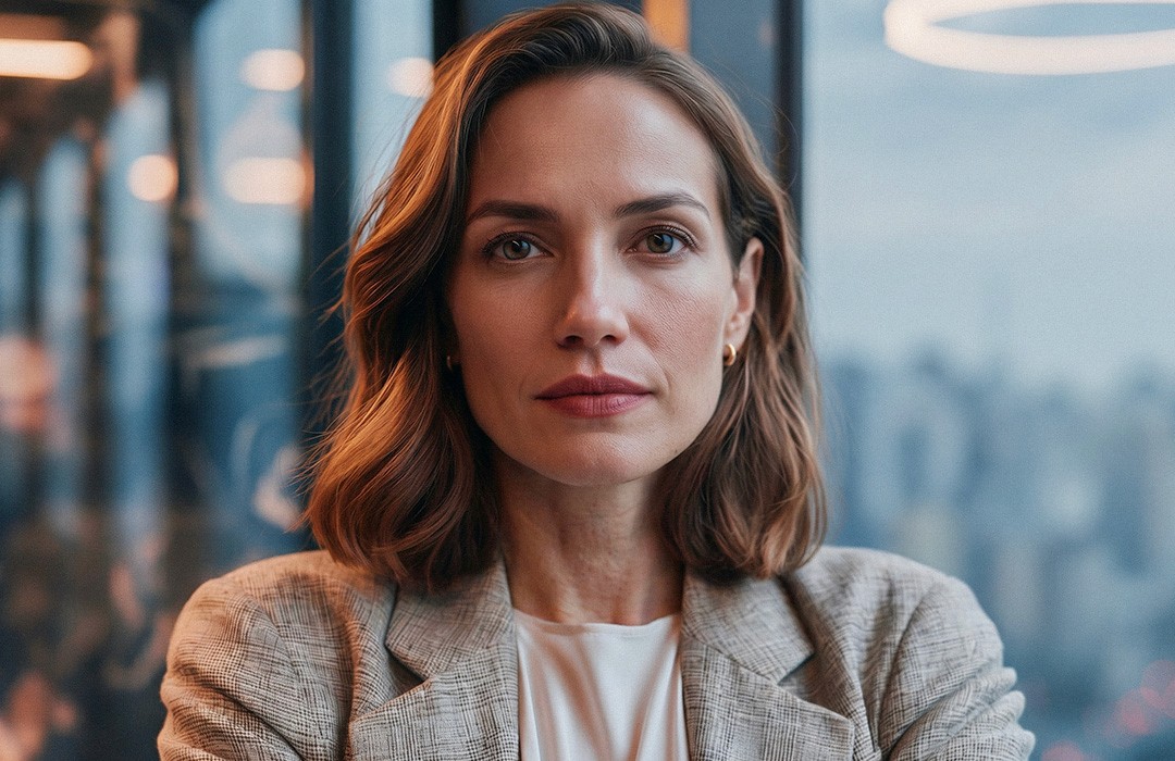 Mulher jovem de cabelos castanhos e blazer cinza olhando seriamente para a câmera em um escritório moderno, com a cidade desfocada ao fundo.