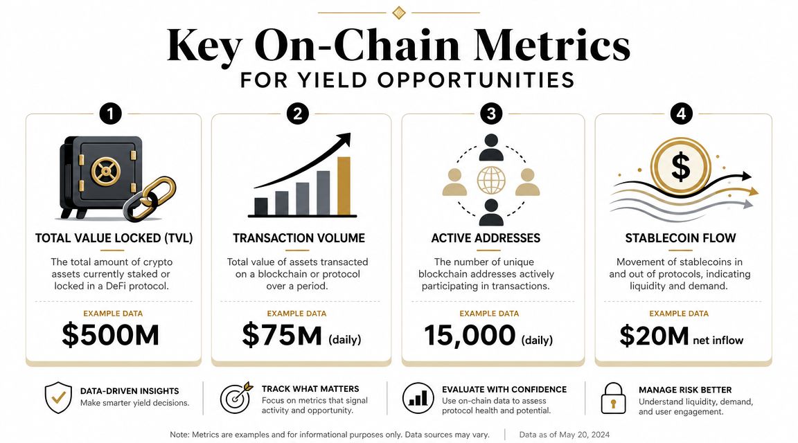 An infographic titled Key On-Chain Metrics for Yield Opportunities displaying four essential data points for decentralized finance.
