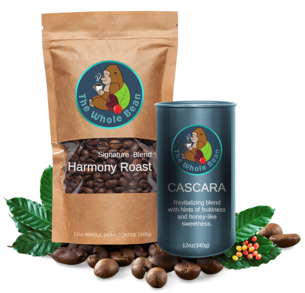 The Whole Bean’s logo pops on two eco-friendly packages: a brown kraft coffee bag with a peek at whole beans inside, and a teal tin canister of Cascara tea. Designed to feel fresh and intentional, the packaging balances sustainability with shelf appeal—sticking to clear-space rules without losing charm.