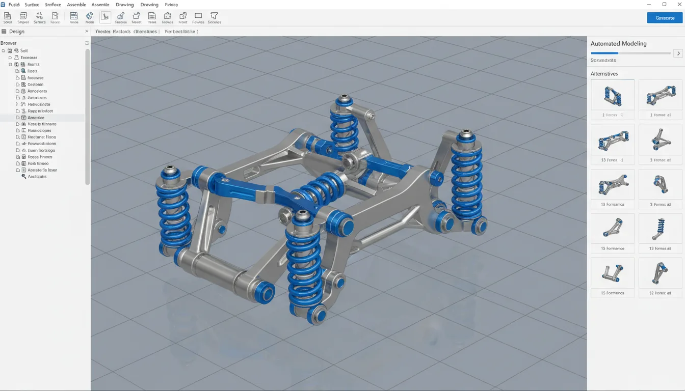 A screenshot of the Autodesk Fusion 360 software interface in a Clean Light Mode. The central viewport displays a detailed 3D model of a complex mechanical suspension assembly made of metallic parts with vibrant blue accents. The layout features a left sidebar with a deep object hierarchy tree and abstracted text lines, a top toolbar with professional CAD iconography, and a right-side panel with UI elements for an "Automated Modeling" function, showing a list of small 3D thumbnail alternatives.