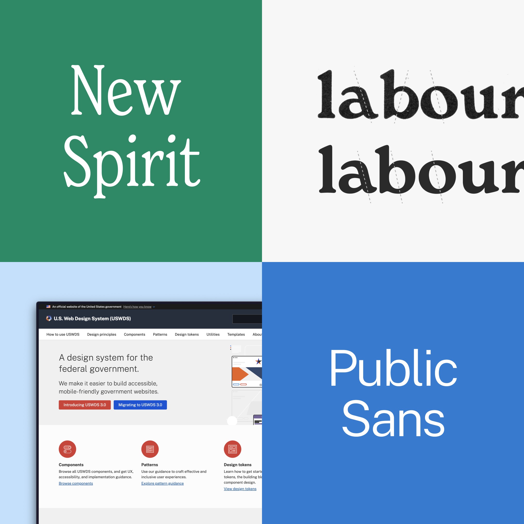 A collage showcasing four font designs: "New Spirit," "labour," "Public Sans," and a U.S. Web Design System interface.