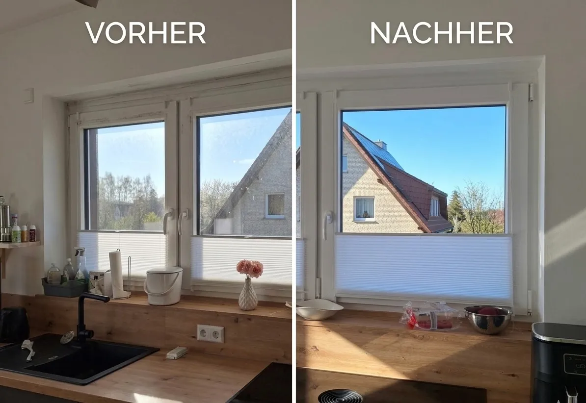 Fensterreinigung Küche Osnabrück – Vorher-Nachher: staubige Küchenfenster und glasklares Ergebnis durch CleanX Schwamm