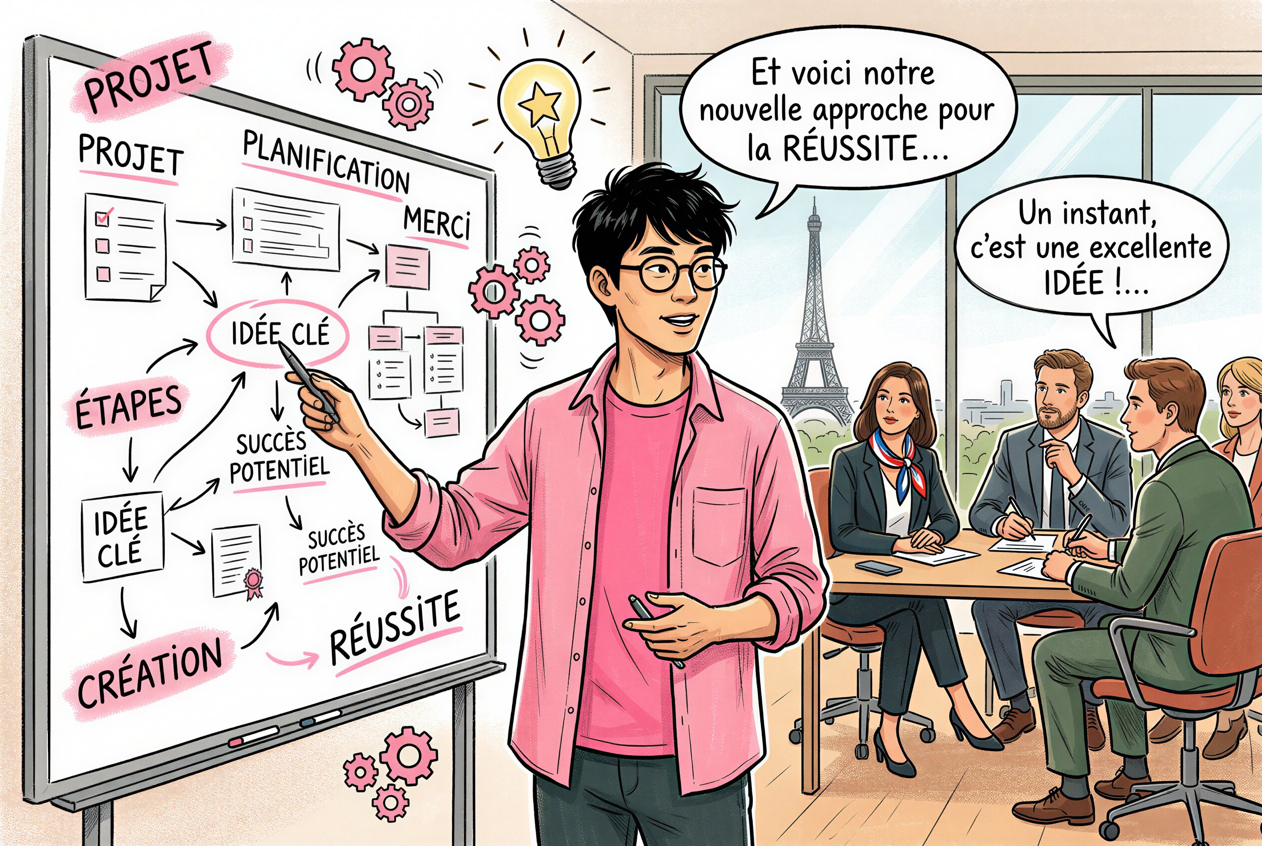 A young Asian man in a pink shirt presenting a project plan in French on a whiteboard to a group of colleagues in a modern Paris office with the Eiffel Tower visible through the window, illustrated in an editorial style with pink accents.