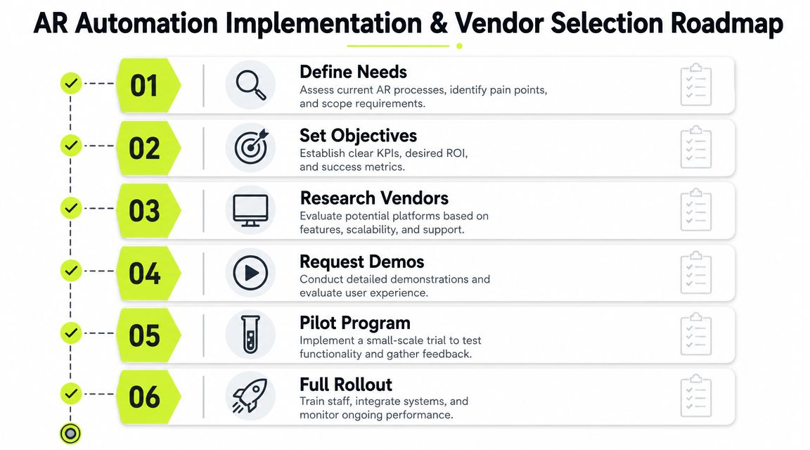 A six-step roadmap graphic illustrating the process of implementing and selecting AR automation vendors for businesses.