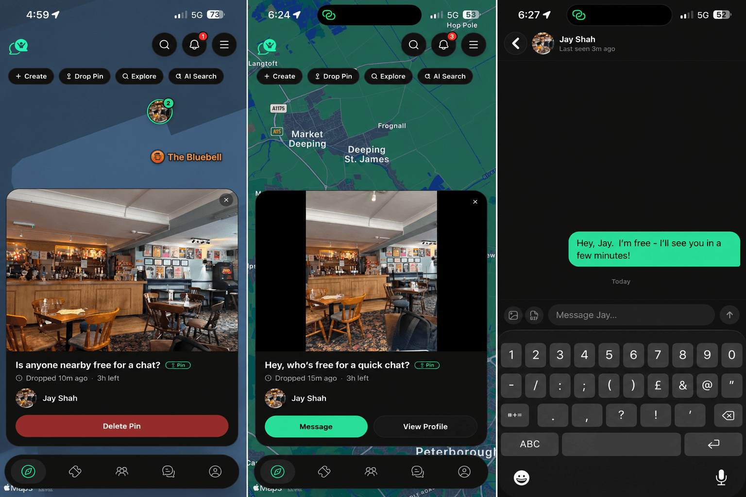SportBuddy app screens showing Drop Pin, live map, messaging, and fan meetup features.