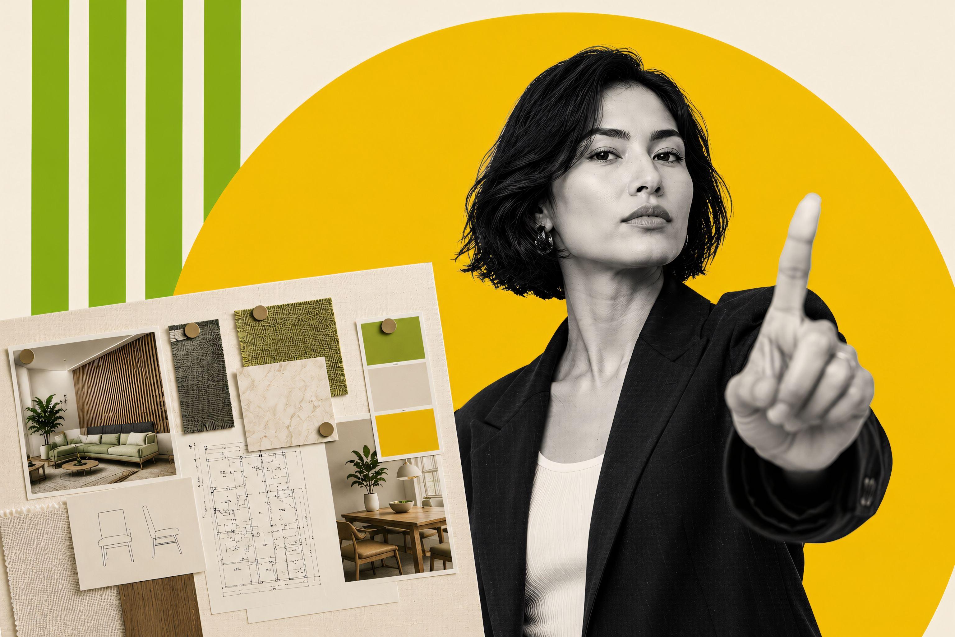 Professional creative studio leader raising a finger in a decisive gesture beside a design mood board, illustrated in a black-and-white editorial collage with bold green and yellow geometric shapes, representing how .STUDIO connects sales, project delivery, and business operations in one system.