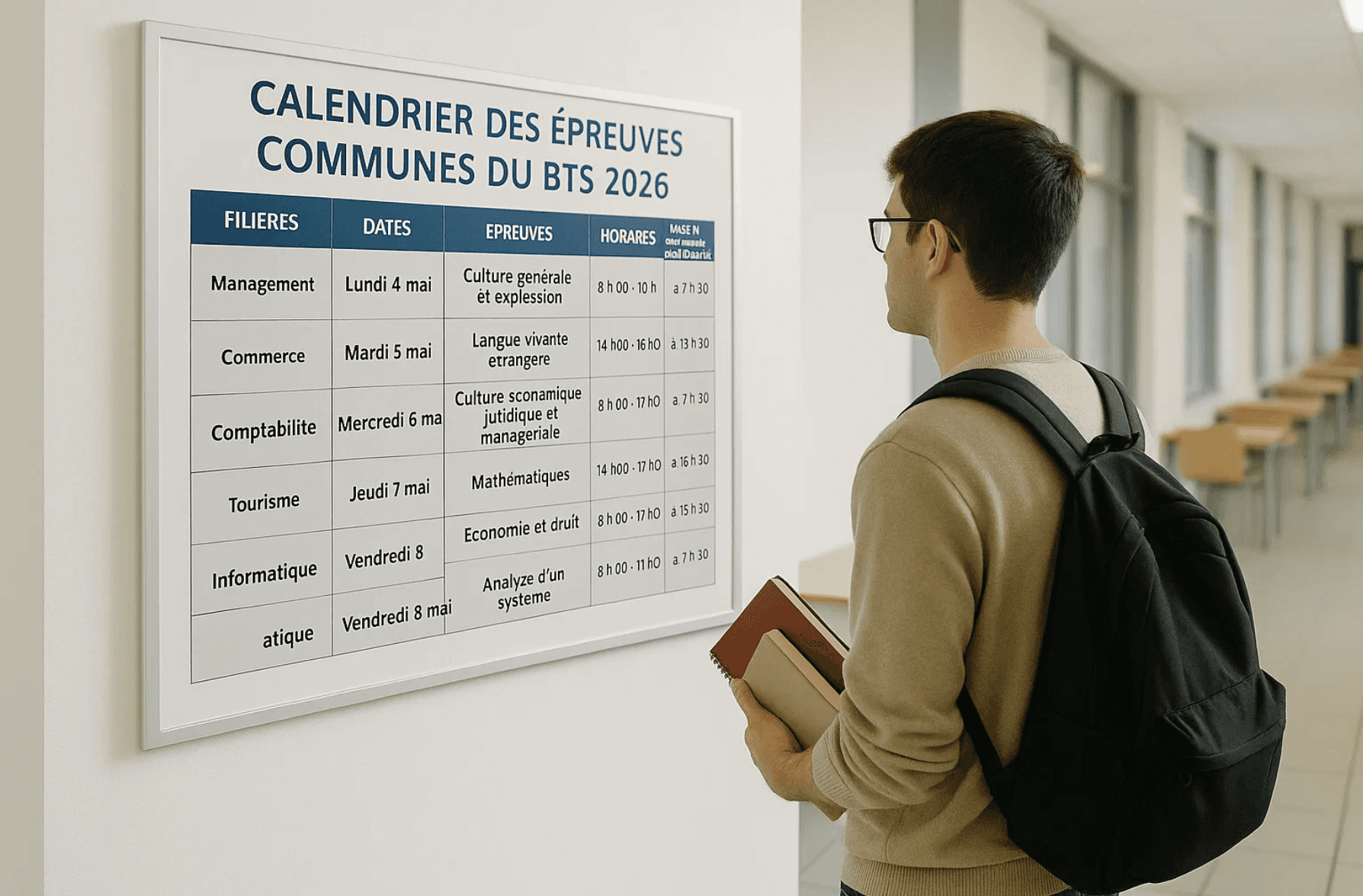 Un étudiant debout dans le couloir de son établissement consulte un grand tableau affichant le calendrier des épreuves communes du BTS 2026. Le tableau présente les dates, les filières, les épreuves et les horaires. L’étudiant porte un sac à dos et tient des cahiers, symbolisant la préparation aux examens.