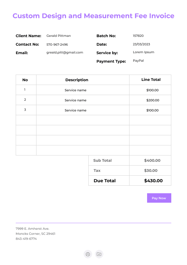 Custom Design and Measurement Fee Invoice