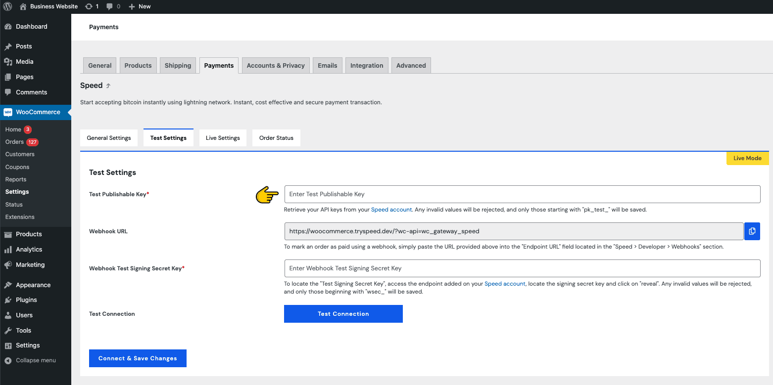 Test and live settings