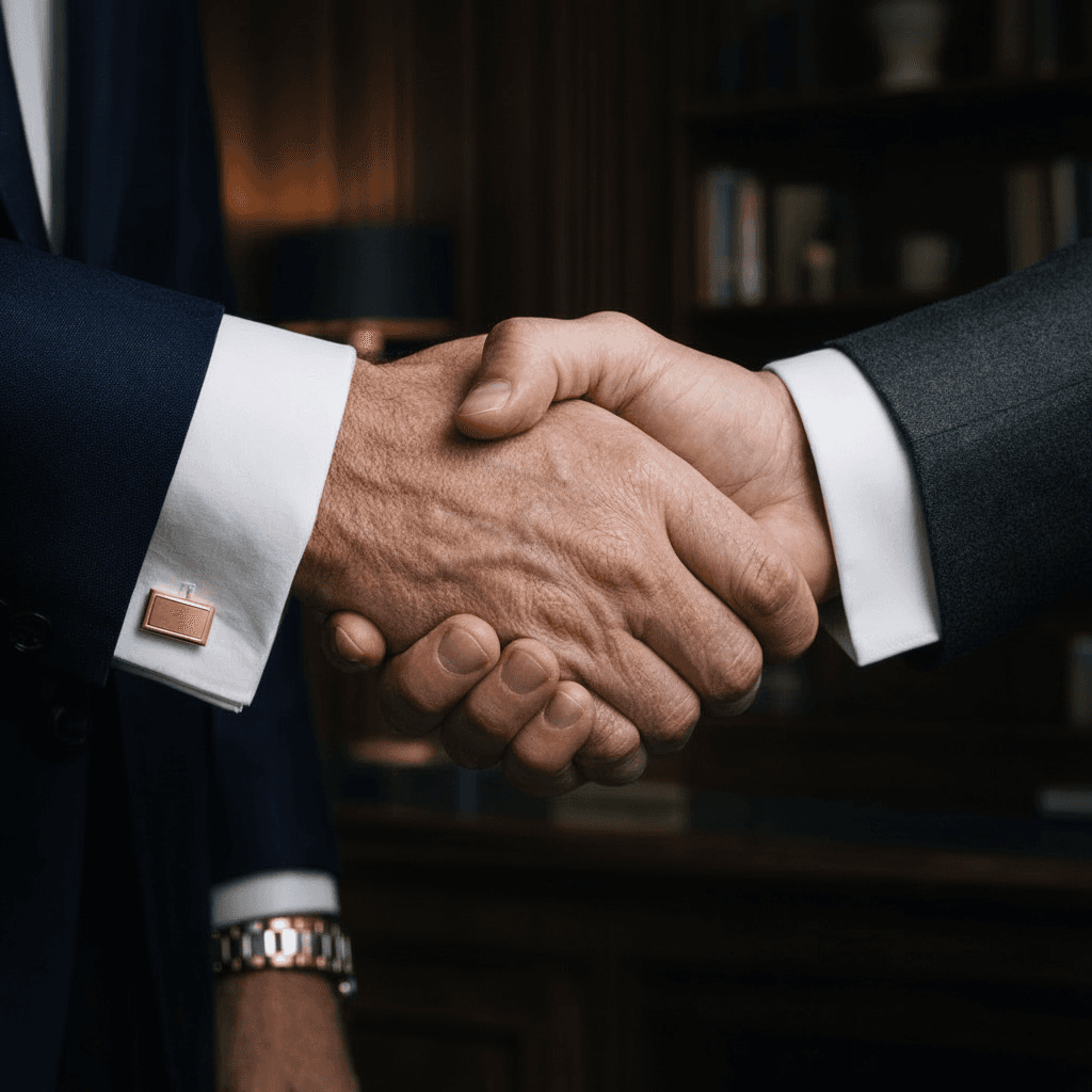 Close-up of two people in suits shaking hands, one wearing a luxury watch, symbolizing funding approval.