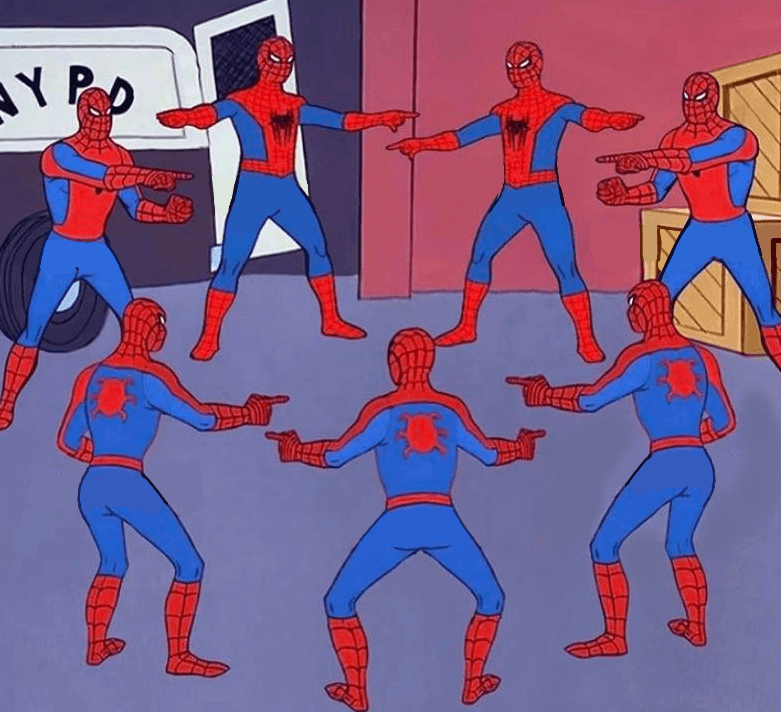 A picture of multiple Spidermen pointing at each other