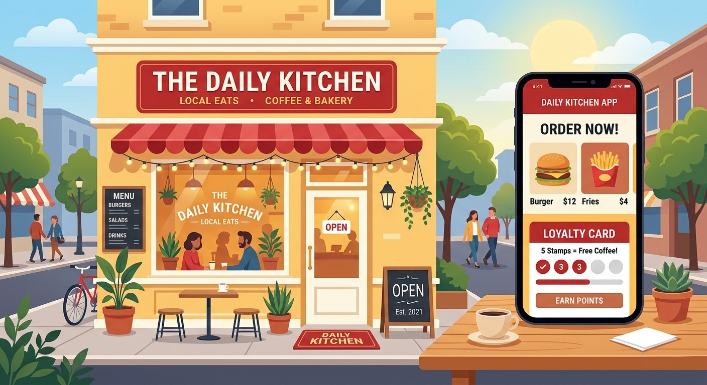 Local business ordering app illustration with restaurant storefront and phone