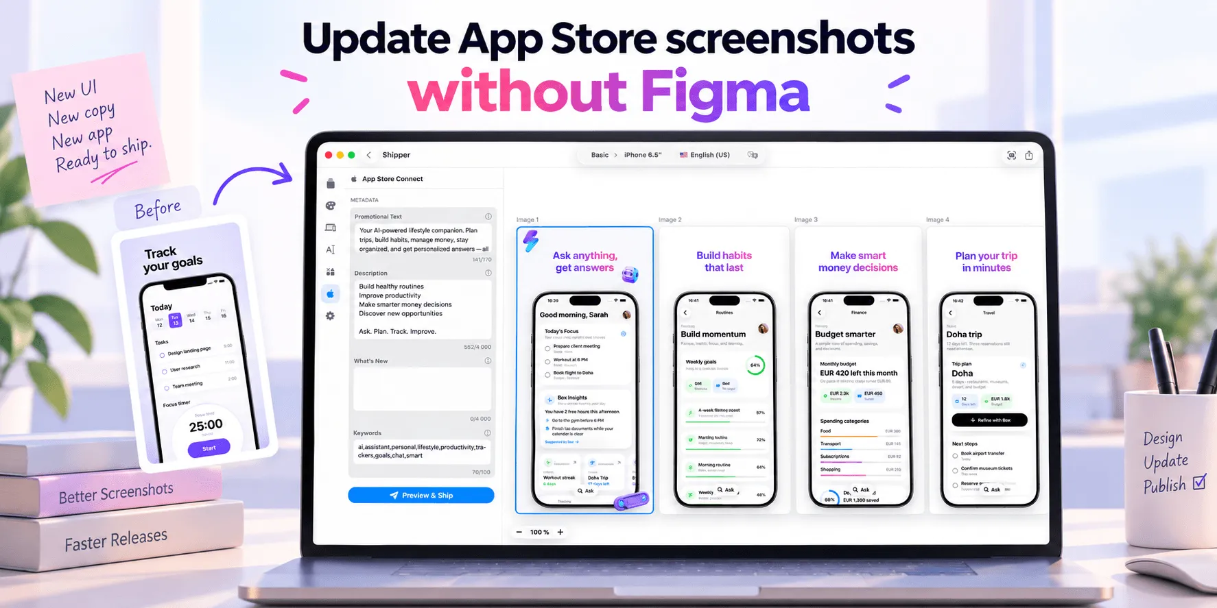 Replace outdated UI, update localized copy, adapt formats, and publish new App Store screenshots with a focused workflow.